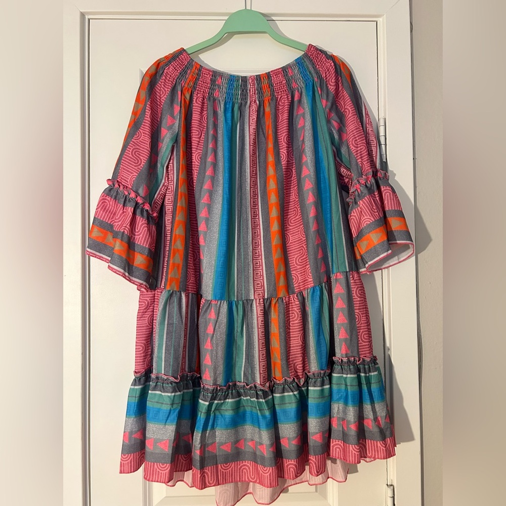 Multi-color, Off-the-shoulder, Tiered dress with a Ruffled Hem and Sleeves - Picture 8 of 9